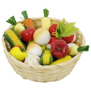 Cesta de mimbre con 17 verduras de madera, de Goki