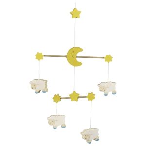 Móvil de ovejas, luna y estrellas de madera, de Goki