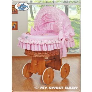 Moisés de Mimbre con Capota – Osito con Lazo Rosa | Cesta Natural para Bebé + Ropa de Cuna Completa