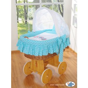 Moisés de Mimbre Owls Turquesa – Cesta Natural con Capota y base con Ruedas - Azul y Natural