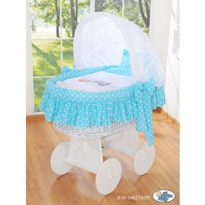 Moisés de Mimbre Owls Turquesa – Cesta Natural con Capota, Dosel y Ropa - Azul y Blanco