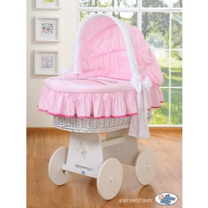 Moisés de Mimbre Teddy Bear Barnaba Rosa con Capota y Ropa de Cuna – Extra Grande imagen frontal