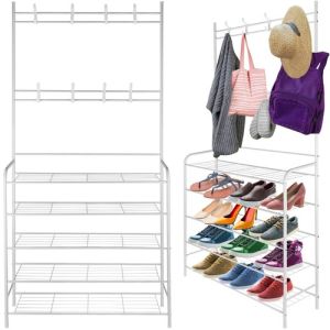 Mueble zapatero metálico blanco con percheros
