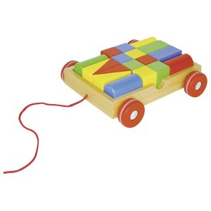 Carrito de arrastre colorido Goki ,  con 18 piezas de construcción