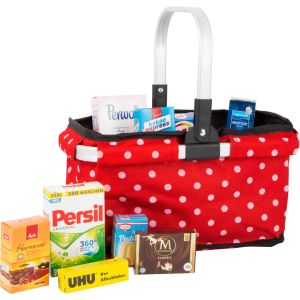 Cesta de la compra con productos de marcas reales de juguete