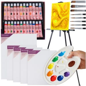 Set de Pintura XXL Maaleo con Caballete de Aluminio – 24 Pinturas Acrílicas, Lienzos, Pinceles y Paleta