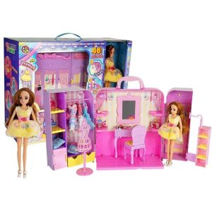 Vestidor de Muñeca con Luz y Espejo + Muñeca de 26 cm y Accesorios – Set de Juego Completo