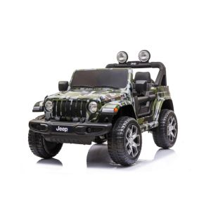 Coche Eléctrico Infantil Jeep Wrangler Rubicon Camo con Control Remoto y Asiento de Cuero