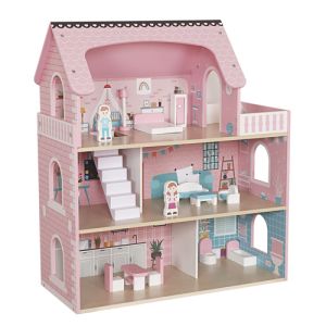 Casa de Muñecas de Madera KRUZZEL XXL con Luces LED y Mobiliario – 3 Niveles