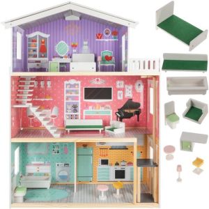 Casa de Muñecas de Madera XL 114 cm con Ascensor y Mobiliario – Villa de 3 Niveles Totalmente Equipada