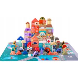 Bloques de Madera Ciudad 115 piezas, incluye alfombra de juegos