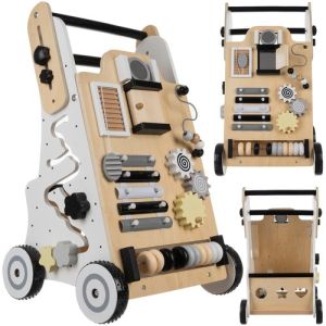 Andador de Madera Montessori KRUZZEL con Panel Manipulativo y Altura Ajustable