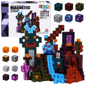 Set de bloques magnéticos Píxel Mundo Oscuro en colores vibrantes.