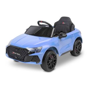 Coche eléctrico Toyz Audi RS3 azul con características de seguridad.