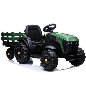 Tractor eléctrico infantil con remolque Lean Cars verde militar, vista frontal