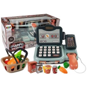 Caja registradora con micrófono y sonido para juegos educativos.