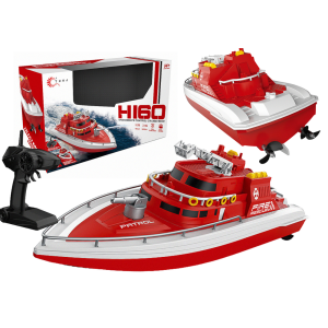 Barco teledirigido HI60 en color rojo sobre el agua, perfecto para carreras