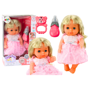 Muñeca con vestido rosa claro y sonidos de biberón
