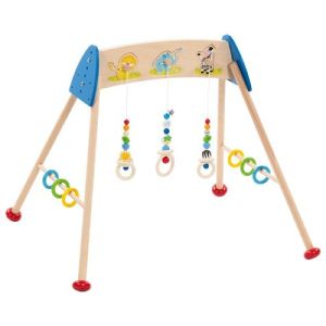 Gimnasio para bebés Goki con colores vibrantes y animales salvajes.