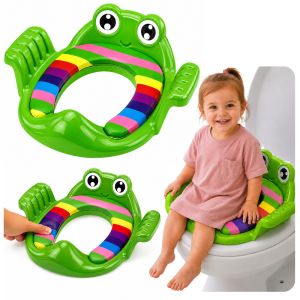 Cubierta de asiento de inodoro para niños en color verde y detalles coloridos.