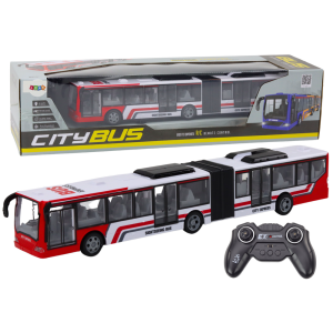 Autobús de ciudad teledirigido rojo y blanco de Lean toys junto a sus luces encendidas.