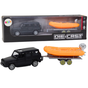 Coche Off-Road Negro con Remolque y Barco Naranja