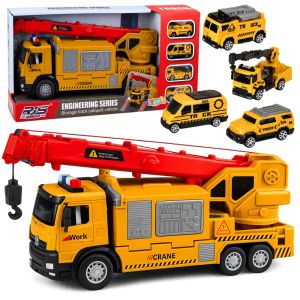 Camión con grúa de Lean toys y sus mini vehículos incluidos.