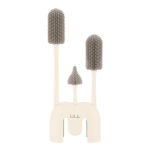 Set 3 cepillos biberones con soporte Kikkaboo crema · silicona platino · desde 0 meses
