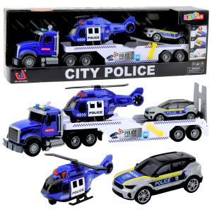 Camión policial con helicóptero y coche de policía