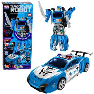 Auto Robot Policía 2 en 1 con luces y lanzador en acción
