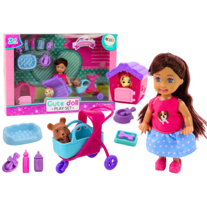 Muñeca con Perros y Accesorios de Perrera Rosa 16 pcs