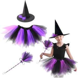 Disfraz de Bruja con Sombrero, Falda y Escoba Morado y Negro