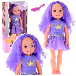 Muñeca con vestido y corona, cabello largo y morado 38cm