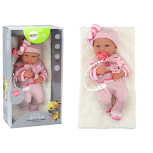 Muñeca con suéter a rayas, gorro y bufanda, rosa