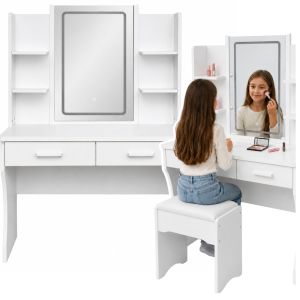 Mesa de tocador con espejo LED, elegante en color blanco.