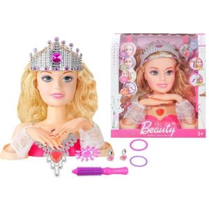 Cabeza para estilizar con cabello rubio y accesorios variados de Lean toys.