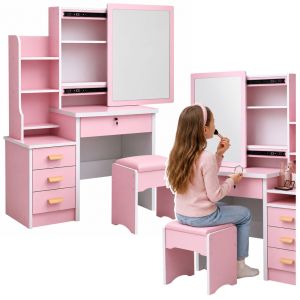 Mesa de maquillaje rosa con espejo y taburete