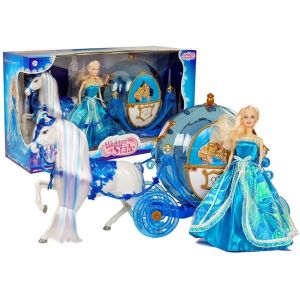 Muñeca con carro y caballo azul de Lean toys, diversión asegurada.