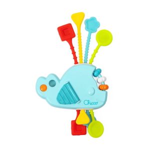 Juguete sensorio Ballena Chicco Toys en acción con cuerdas flexibles.