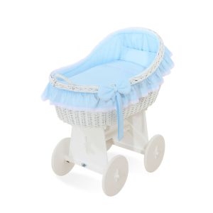 Moisés de Mimbre Carina My Sweet Baby Blanco y Azul con Base de Madera y Ruedas