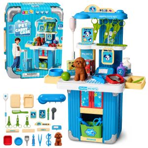 Maletín veterinario con accesorios y perro de juguete.