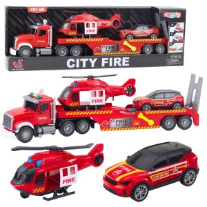Set de Bomberos con helicóptero y camión de carga en primer plano.