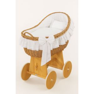 Set de Moisés de Mimbre con Ruedas de Madera My Sweet Baby - Natural con Vestidura Blanca