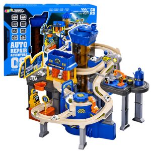 Taller interactivo con garaje, ideal para coches pequeños de Lean toys.