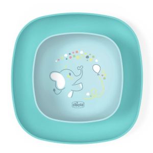Set de platos Chicco azul, ideal para bebés aprendiendo a comer.