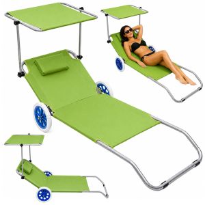 Tumbona Plegable de Aluminio con Ruedas y Parasol Verde 150x60 cm 