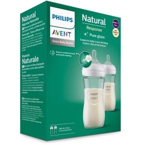 Biberón de vidrio Philips Avent Natural mostrando su diseño ergonómico y tetina
