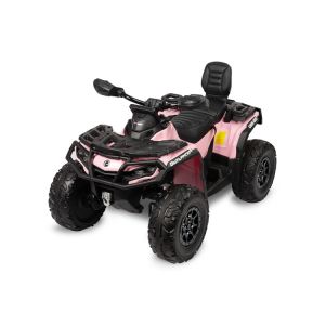 Quad eléctrico Toyz Can-Am Outlander rosa mostrando su diseño divertido.