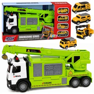 Camión con grúa verde de Lean toys con luces y sonidos.
