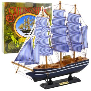 Modelo Coleccionable Barco de Vela Decorativo Blanco y Azul 33x31cm